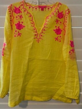 Lilly Pulitzer Yellow Tunic with Hot Pink Floral Embroidery